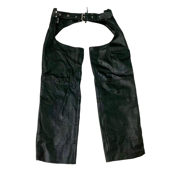Genuine Leather Black Motorcycle Chaps Moto Adjustable Buckle Straps Size S - Picture 2 of 12